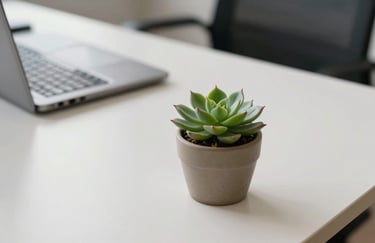 A professional desk detail in a South American office showing a clean, organized space with a small green succulent in a tan pot. The lighting is crisp and clear, symbolizing clarity and grounded service.