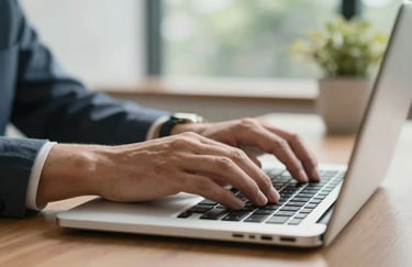 A close-up of professional hands typing on a modern, silver laptop in a bright South American office, with a soft-focus background of greenery.