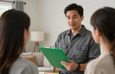 A professional technician speaking helpfully with a homeowner in a North American / US living room, holding a vibrant green clipboard.