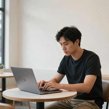A lifestyle photograph of a sleek North American coffee shop where a creative professional is working on a minimalist laptop, surrounded by white space and clean design.