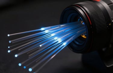 Close-up of high-speed fiber optic cables glowing with dark navy and sky blue light, symbolizing fast and reliable data transmission.