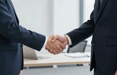 A professional handshake between two people in business attire. The scene is set in a bright office with pale mist white furniture and deep navy accents.