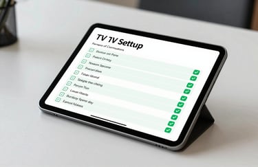 A digital tablet displaying a checklist for TV setup with all items marked green, placed on a Soft White desk, clean and professional North American office setting.