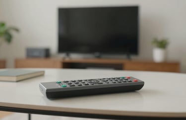 A modern TV remote control resting on a clean coffee table in a North American home, soft focus on a large screen in the background, daytime professional photography.