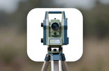 An icon-style photograph of a GPS surveying instrument on a tripod, symbolizing geographical precision, with brand colors #1A202C and #A0AEC0 used in the equipment and background.