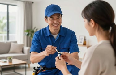 Professional plumber explaining a repair to a customer in a bright Florida living room, professional and friendly atmosphere.