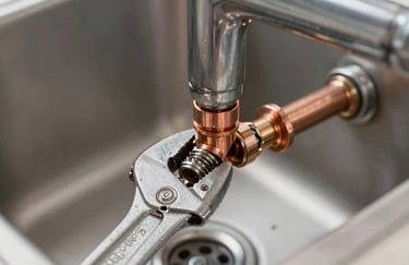 Detail shot of a professional pipe wrench tightening a copper joint under a modern sink, showcasing high-quality plumbing workmanship.