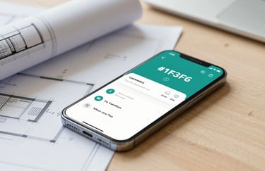 Close up of architectural blueprints and a modern smartphone on a clean wooden desk, bright and professional lighting, brand color #1F3F6D reflected in the UI of the phone.