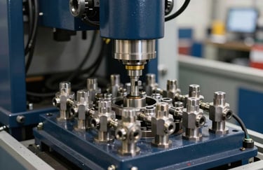 A high-resolution photograph of high-pressure hydraulic lines and steel fittings on an automated machine in a North American / US factory, utilizing a steel blue and deep navy color scheme.