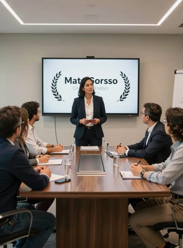 A sales team training session in a modern boardroom in Mato Grosso, with a professional atmosphere and strategic focus.