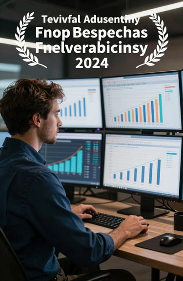 An ad manager in a midnight blue shirt analyzing data on multiple screens, showing a focus on results and revenue growth.