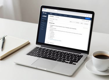 A clean workspace showing a laptop screen with a proprietary CRM dashboard, with a notebook and a cup of coffee on a soft white desk.