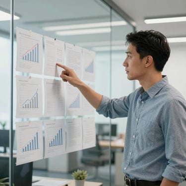 A strategic consultant pointing at a glass wall covered in planning notes and growth charts in a bright, modern office.