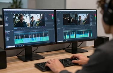 A video editor working at a desk with dual monitors showing color grading software with steel blue and dark navy interfaces.