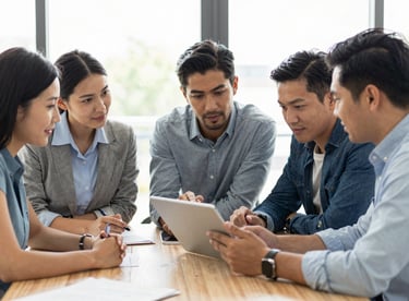 A group of diverse marketing professionals in a collaborative meeting, looking at a tablet in a bright, results-oriented workspace.