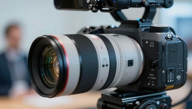 A close-up of a professional camera lens reflecting the lights of a modern office environment, symbolizing high-quality production.