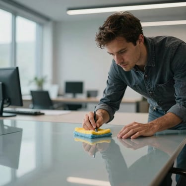 Mains d'un professionnel nettoyant avec pr9cision une surface vitr9e dans un bureau moderne, reflets nets, Central European style.