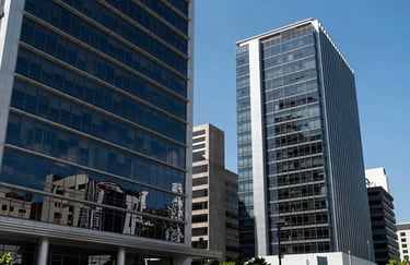 Photography of modern architecture in a Guatemalan business district, capturing glass buildings and a clear blue sky.