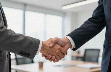 A firm professional handshake between two individuals in business attire within a bright, modern Central American office setting.