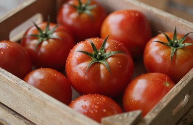 A close-up of heirloom tomatoes in various shades of red (#9B1C1C) inside a weathered wooden crate. Soft, natural light emphasizes texture and organic quality.
