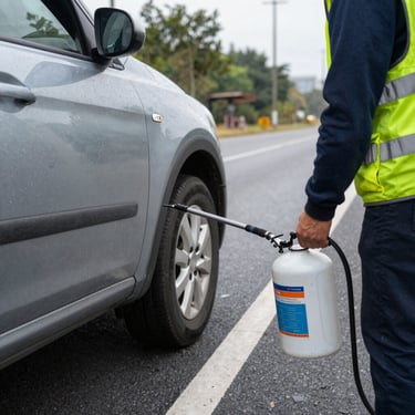 Close-up of a flatbed tow truck loading a car in a well-lit urban area during the evening.
