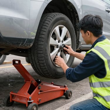 Tow truck assisting a stranded car on a roadside at dusk with city lights in the background.