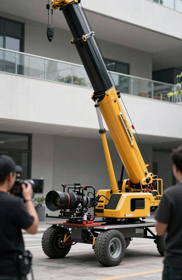 Behind-the-scenes shot of a professional film crew using a high-end crane in a modern architectural setting.