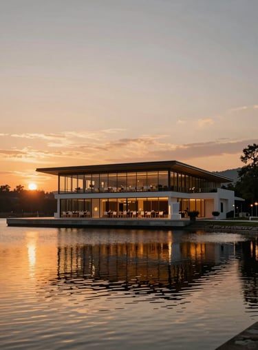 A stunning sunset cinematic shot of a luxury event venue in Romania, reflecting off a calm water surface.