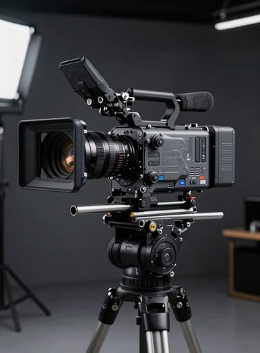 A professional video production setup with a high-end cinema camera and lighting in a sleek dark studio.
