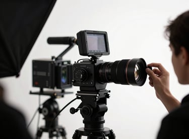 A professional corporate interview setup with high-end equipment, crisp white lighting and deep black shadows.