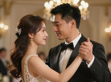 Close-up of an elegant wedding couple dancing, soft focus on the background, opulent golden bokeh lights.