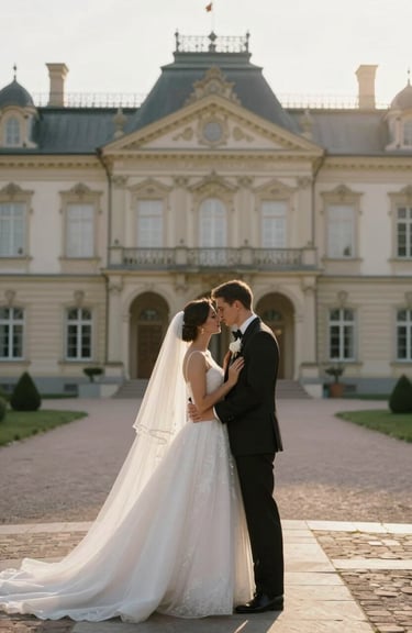 A cinematic wedding portrait of a couple in a grand Romanian palace, soft golden backlighting, luxury high-end photography.