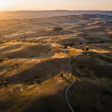 Dramatic aerial drone footage of the Transylvanian hills at sunrise, cinematic color grading with warm golden tones.