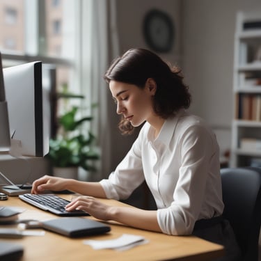 A freelancer woman working at a neat desk with financial documents and a laptop, symbolizing administrative support.