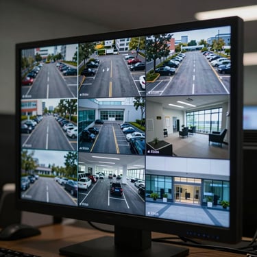 Close-up of a high-end surveillance monitor in a dark room showing a grid of multiple security feeds of a parking lot and office lobby. Sharp 4K resolution, cinematic lighting.