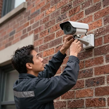 A professional technician in dark work attire installing a surveillance camera on an urban brick building in a North American setting. Daytime, focused and precise composition.