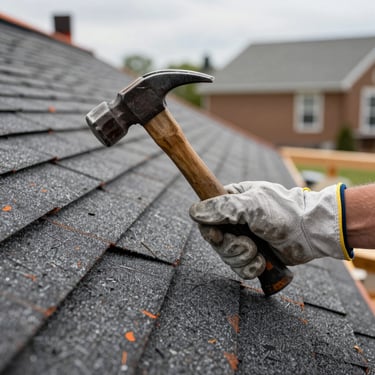 A roofer's hand in a professional glove using a hammer to repair a shingle roof. Close-up, North American / US construction site focus.