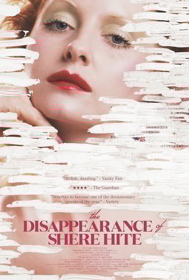 The Disappearance of Shere Hite documentary poster featuring a woman's face behind white paint strokes.