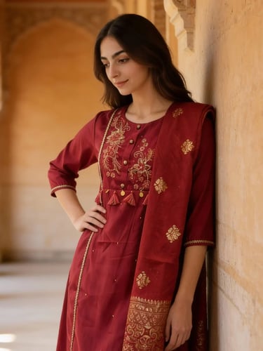 A-Line Calf Length Kurta and Pant with Dupatta - Pink