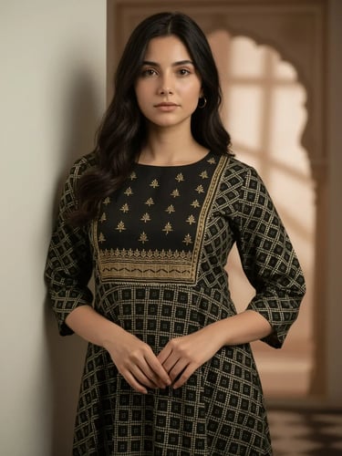 Anarkali Calf Length Kurta with Pant and Dupatta - Black