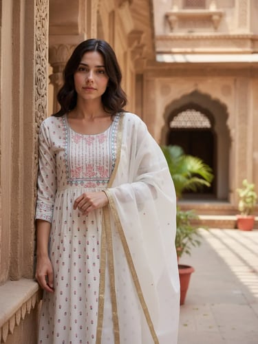 Anarkali Calf Length Kurta with Pant and Dupatta - Off White