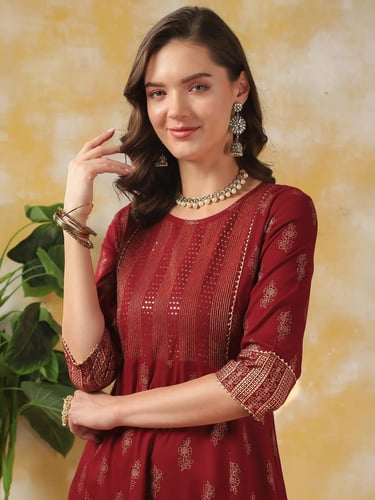 Calf Length Anarkali Kurta With Pant - Maroon