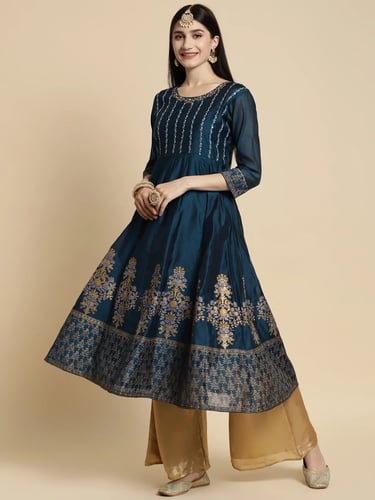 Gold Printed Calf Length Anarkali Kurta - Teal