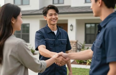 A professional technician in a clean uniform shaking hands with a customer in front of a modern North American home, conveying a mood of trust and reliable service.