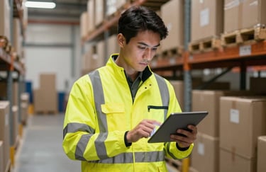 A logistics staff member wearing high-visibility Saffron Yellow gear checking a digital tablet in a clean, organized warehouse environment.