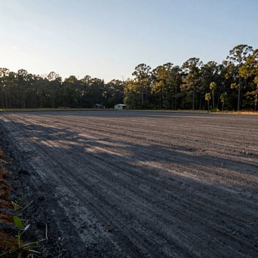 A finished, smoothly graded plot of land ready for building in North Carolina, late afternoon light casting long shadows on the dark gray soil.