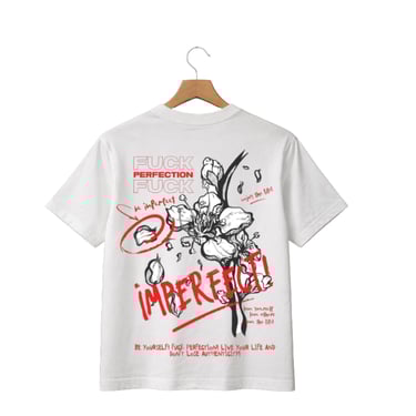 White graphic t-shirt on a wooden hanger featuring a bold floral sketch and red streetwear typography.