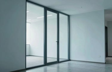 A bright office hallway with minimalist glass doors and pale blue walls, emphasizing transparency and openness.