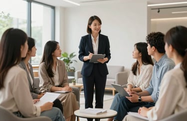 A teacher engaging with a small group of adult students in a bright, modern lounge, elegant and professional atmosphere.