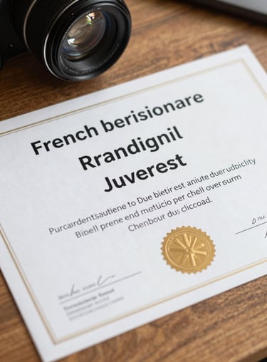Close-up of a certificate of achievement on a wooden table, symbolizing success in French language exams.